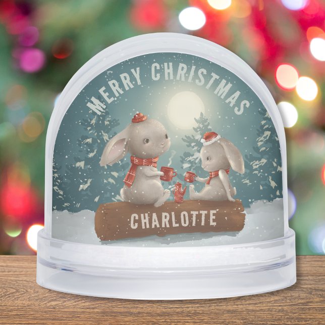 Merry Christmas Cute Winter Rabbits Personalised Snowglobe (Creator Uploaded)