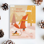 Merry Christmas. Cute winter woodland fox animal Holiday Postcard<br><div class="desc">"Merry Christmas" Postcard with cute funny cartoon woodland fox and bullfinch animals in pink blush orange yellow colours for winter holidays.</div>