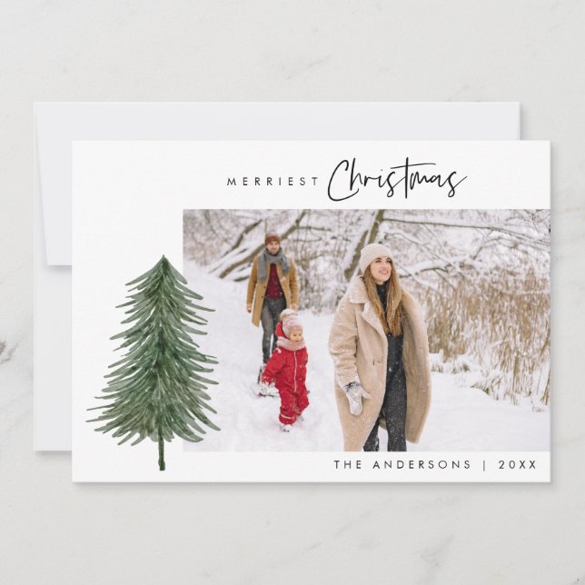 Merry Christmas cute xmas trees one photo snow Holiday Card (Front)