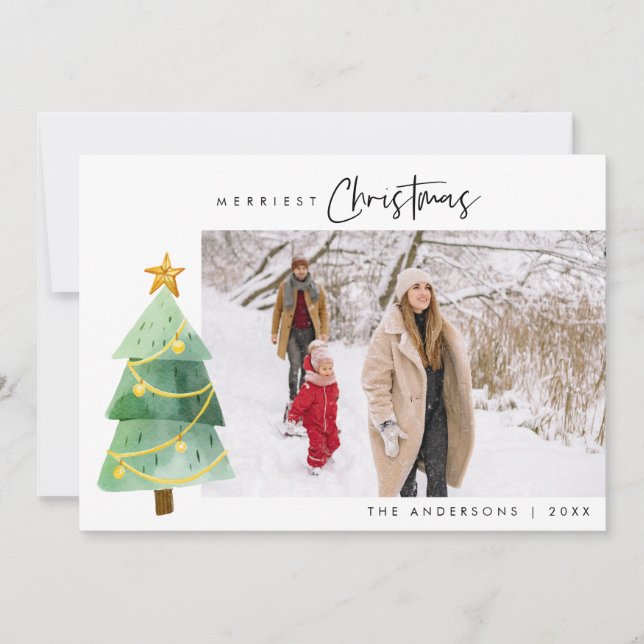 Merry Christmas cute xmas trees one photo snow Holiday Card (Front)