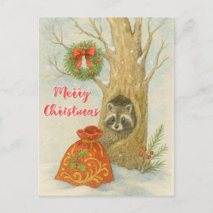 Merry Christmas Cuter Raccoon Wildlife Postcard