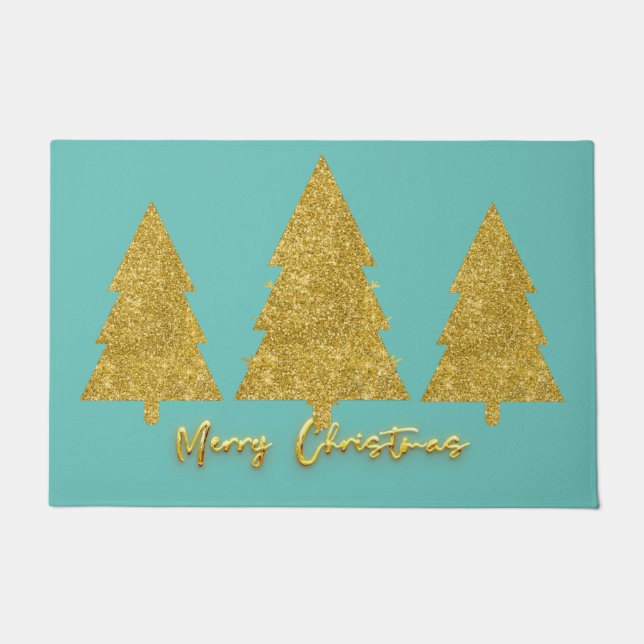 Merry Christmas cuty script gold tree elegant blue Doormat (Front)