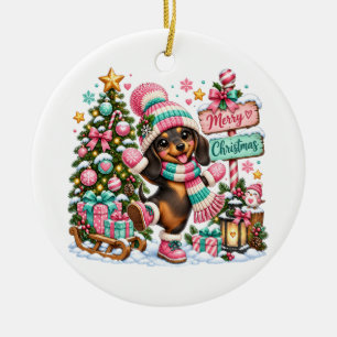 Merry Christmas Dachshund Ceramic Tree Decoration