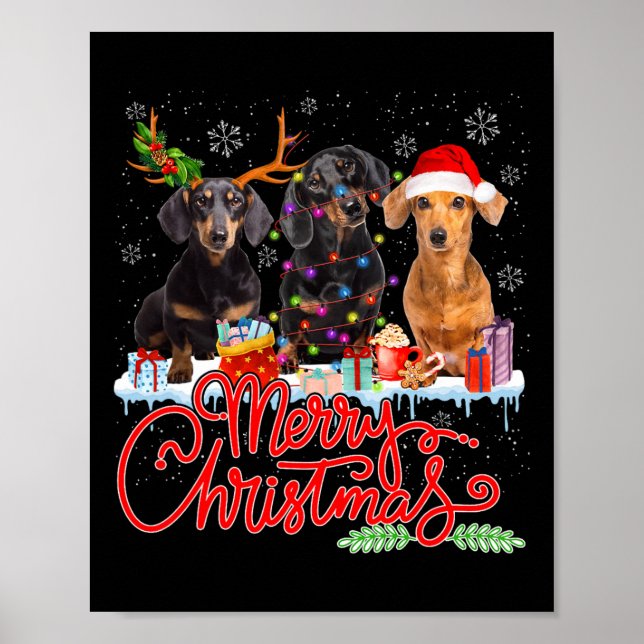 Merry Christmas Dachshund Dogs Santa Reindeer Ligh Poster (Front)