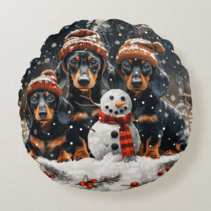 Merry Christmas Dachshund Dogs Snowman Round Cushion
