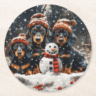 Merry Christmas Dachshund Dogs Snowman Round Paper Coaster