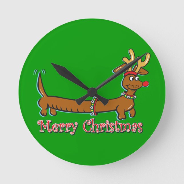 Merry Christmas Dachshund Round Clock (Front)