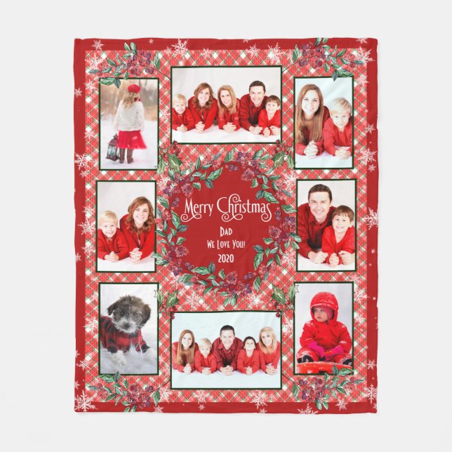 Merry Christmas Dad We Love You Red Green Plaid Fleece Blanket (Front)