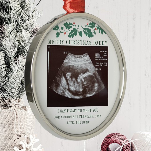 Merry Christmas Daddy Pregnancy Ultrasound Baby Metal Tree Decoration (Botanical Pregnancy Announcement Sonogram Metal Ornament)