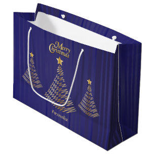 Merry Christmas Dark Blue and Gold Trees Large Gift Bag