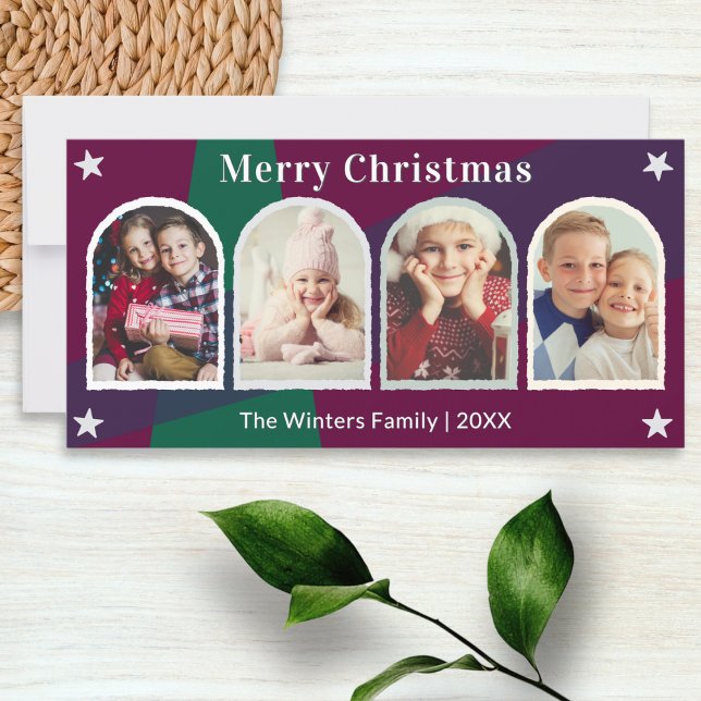Merry Christmas Dark Colours 4 Photos Gallery Holiday Card (A Christmas card in plum and dark green, with custom text and 4 arch shaped frames for your photos)