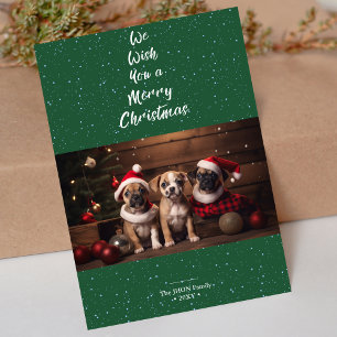 Merry Christmas Dark Green Dog Pet Photo Holiday Card