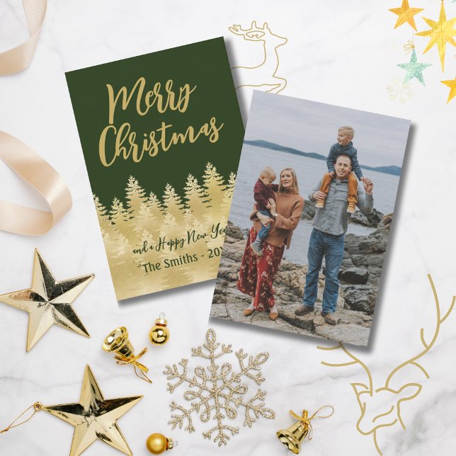 Merry Christmas Dark Green Gold Pine Trees Photo Card (Creator Uploaded)