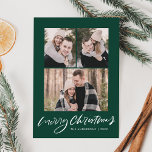 Merry Christmas Dark Green Script 3 Photo Collage Holiday Card<br><div class="desc">Send warm holiday wishes to family and friends with a simple holiday photo card by Late Bloom Paperie! The modern Christmas card features 3 of your favourite photos with "Merry Christmas" displayed in a white hand-lettered script with a dark green background. Personalise the front of the photo card by adding...</div>