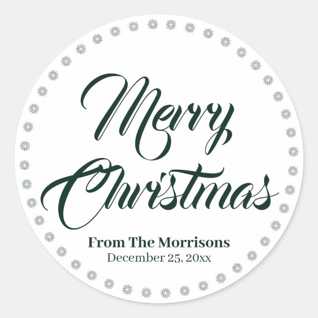 Merry Christmas dark green white custom script  Classic Round Sticker (Front)