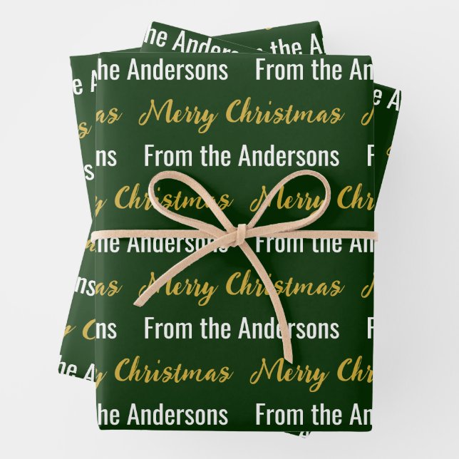 Merry Christmas Dark Green White Gold Script Name Wrapping Paper Sheet (In situ)