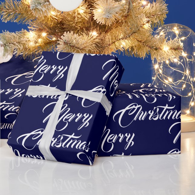 Merry Christmas dark navy custom script elegant Wrapping Paper (Holidays)