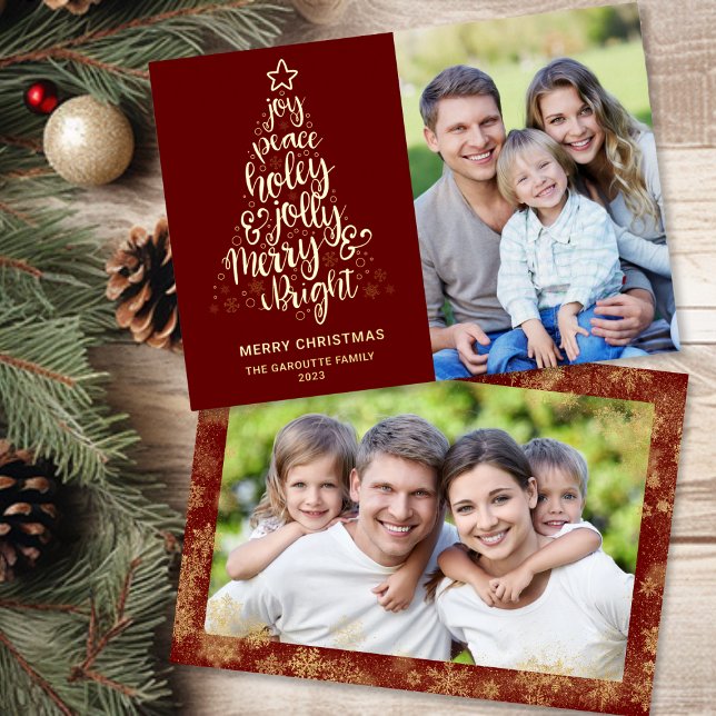 Merry Christmas Dark Red 2 Photo Gold (Merry Christmas Dark Red 2 Photo Gold Foil Holiday Card)