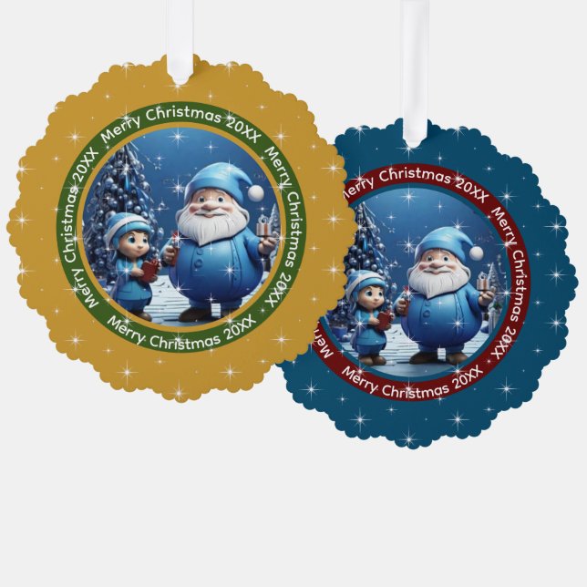 Merry Christmas Dark Yellow Blue Santa Claus Photo Tree Decoration Card (Front/Back)