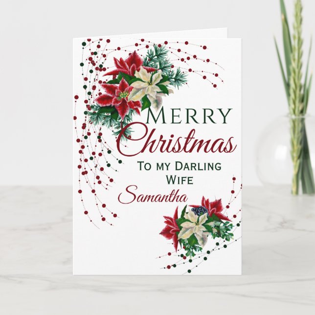 Merry Christmas Darling Wife Poinsettia Flower  Holiday Card (Front)