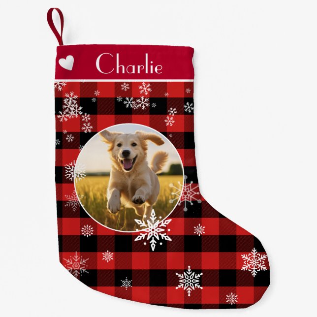 Merry Christmas Day Plaid Pattern Custom Pet Photo Small Christmas Stocking (Front)