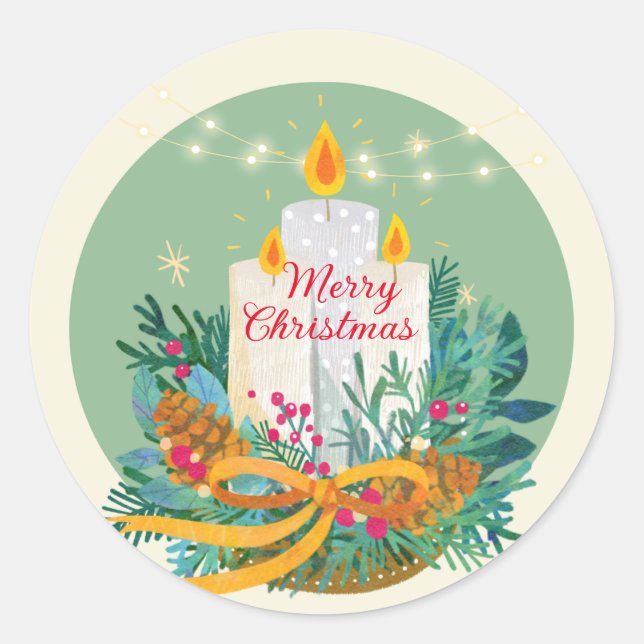 Merry Christmas decorated candles Classic Round Sticker (Front)