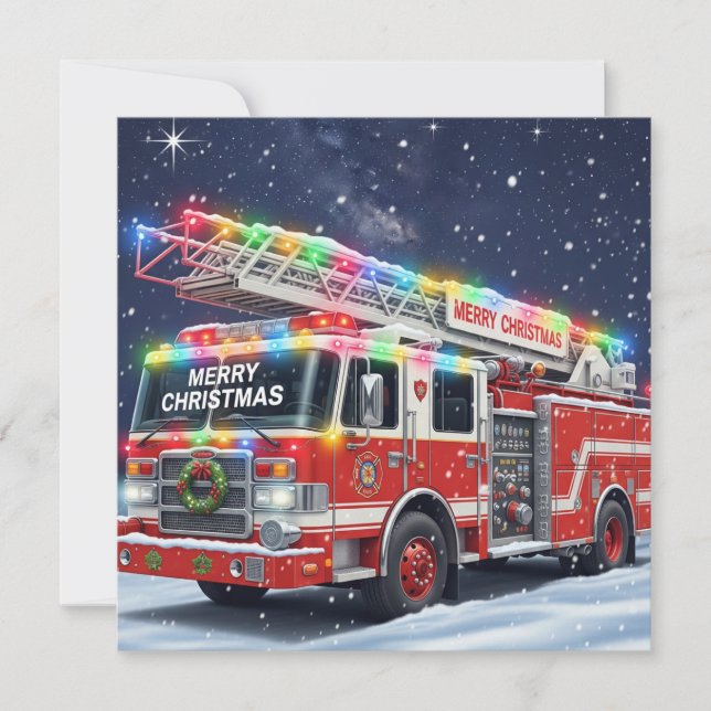 Merry Christmas Decorated Fire Truck  Holiday Card (Front)
