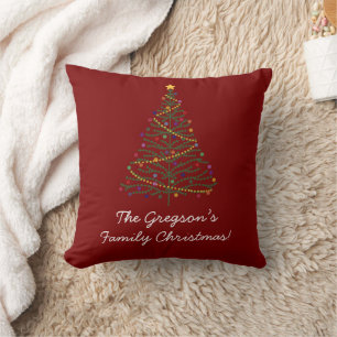 'Merry Christmas' Decorated Tree & Family Name Red Cushion