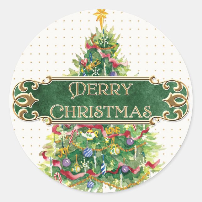 Merry Christmas Decorated Tree Star Gold Swirl Classic Round Sticker (Front)