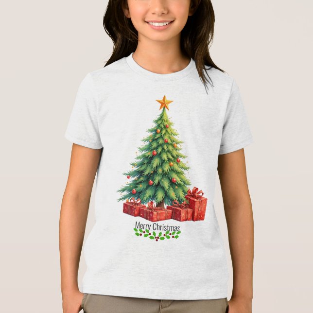 Merry Christmas, decorated tree, Tri-Blend Shirt (Front)