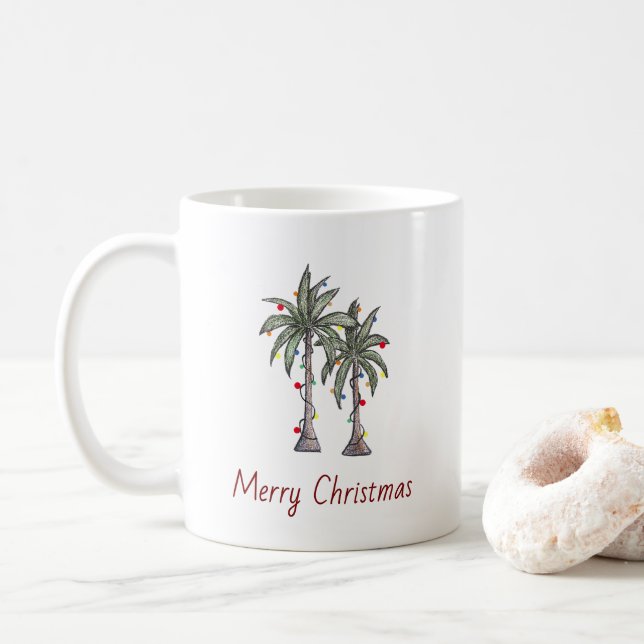 Merry Christmas Decorated Tropical Palm Trees   Coffee Mug (With Donut)
