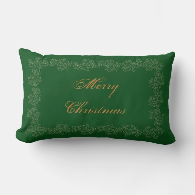 Merry Christmas Decorative Green Gold Lumbar Cushion (Front)