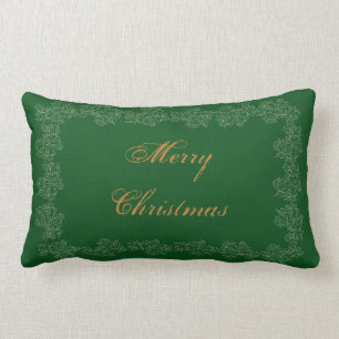 Merry Christmas Decorative Green Gold Lumbar Cushion