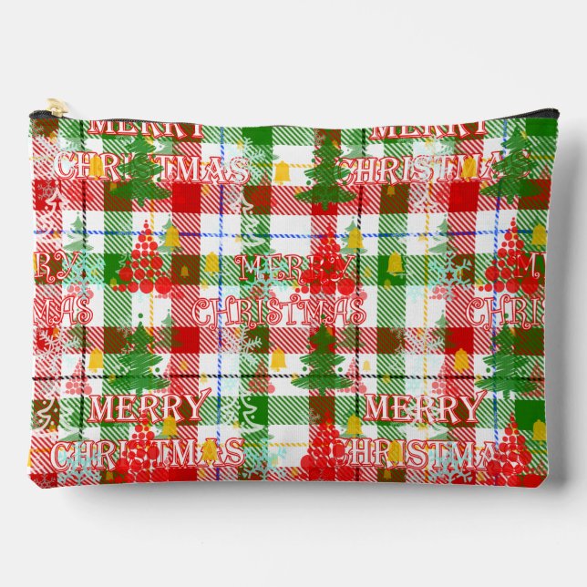 Merry Christmas Decorative Plaid Tartan  Accessory Pouch (Front)