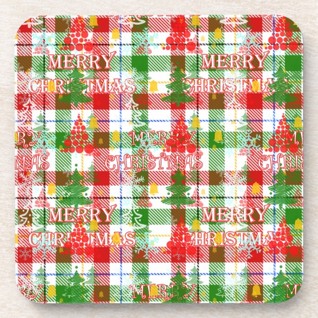 Merry Christmas Decorative Plaid Tartan  Coaster (Front)