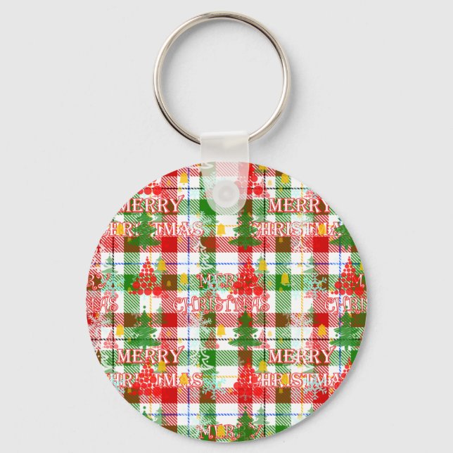 Merry Christmas Decorative Plaid Tartan  Key Ring (Front)