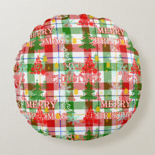 Merry Christmas Decorative Plaid Tartan  Round Cushion