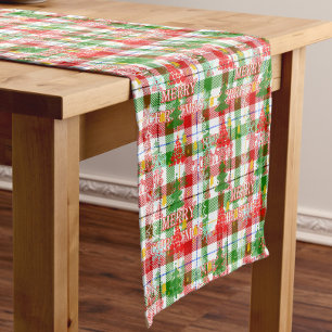 Merry Christmas Decorative Plaid Tartan Short Table Runner