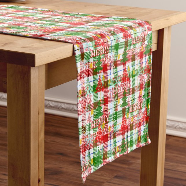 Merry Christmas Decorative Plaid Tartan  Short Table Runner (Creator Uploaded)
