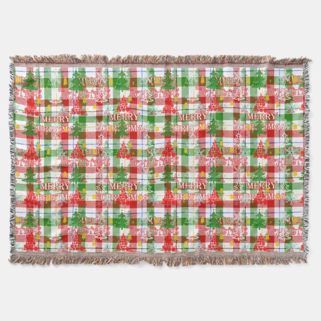 Merry Christmas Decorative Plaid Tartan  Throw Blanket (Front)