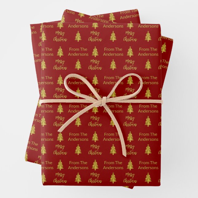 Merry Christmas Deep Red and Gold Names Trees Wrapping Paper Sheet (In situ)