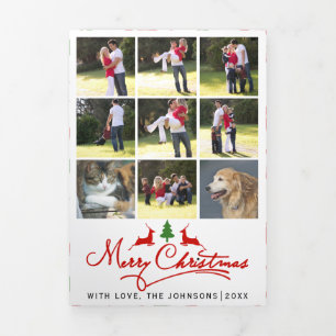 Merry Christmas deer and tree photo collage Tri-Fold Holiday Card