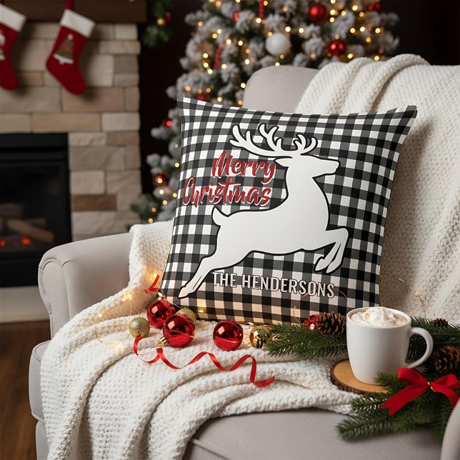 Merry Christmas Deer Black & White Plaid Name Thro Cushion (Creator Uploaded)