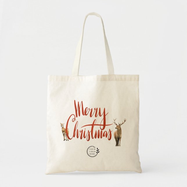 Merry Christmas Deer Custom Company Logo Budget Tote Bag (Front)
