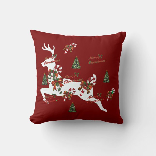 Merry Christmas Deer Dk Red Holiday Throw Pillow (Front)