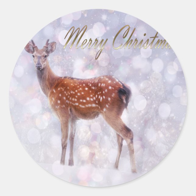 Merry Christmas Deer Friends in Snow Classic Round Sticker (Front)