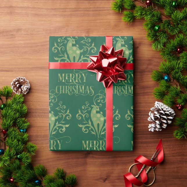 Merry Christmas Deer Gold Green Modern   Wrapping Paper (Holiday Gift)