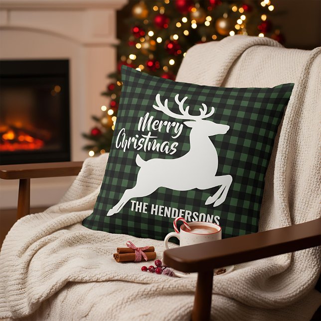 Merry Christmas Deer Green & Black Plaid Name Cushion (Creator Uploaded)