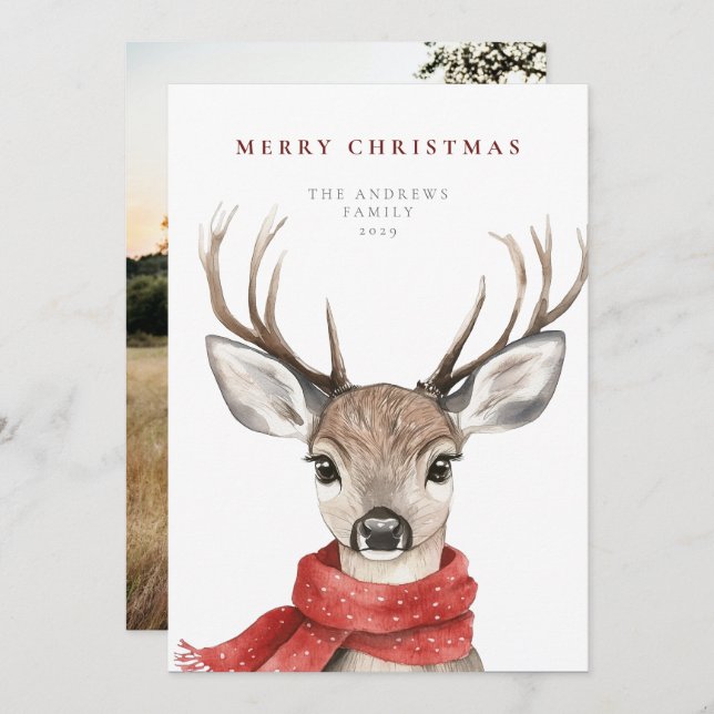 Merry Christmas Deer in a Red Scarf Holiday Card (Front/Back)
