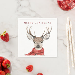 Merry Christmas Deer in a Red Scarf Napkin